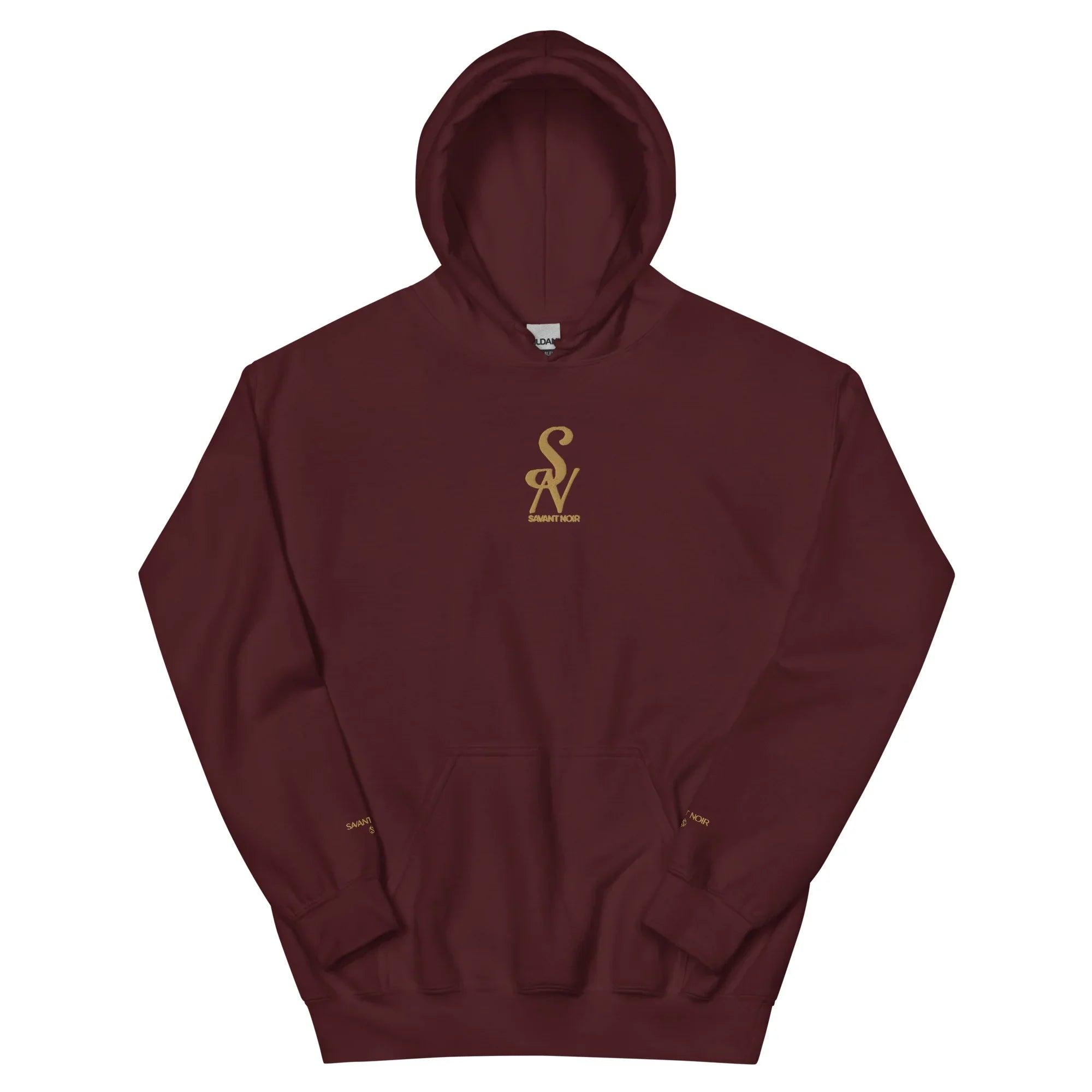 SAVANT NOIR luxury minimalist hoodie in burgundy with gold logo on chest and front pocket