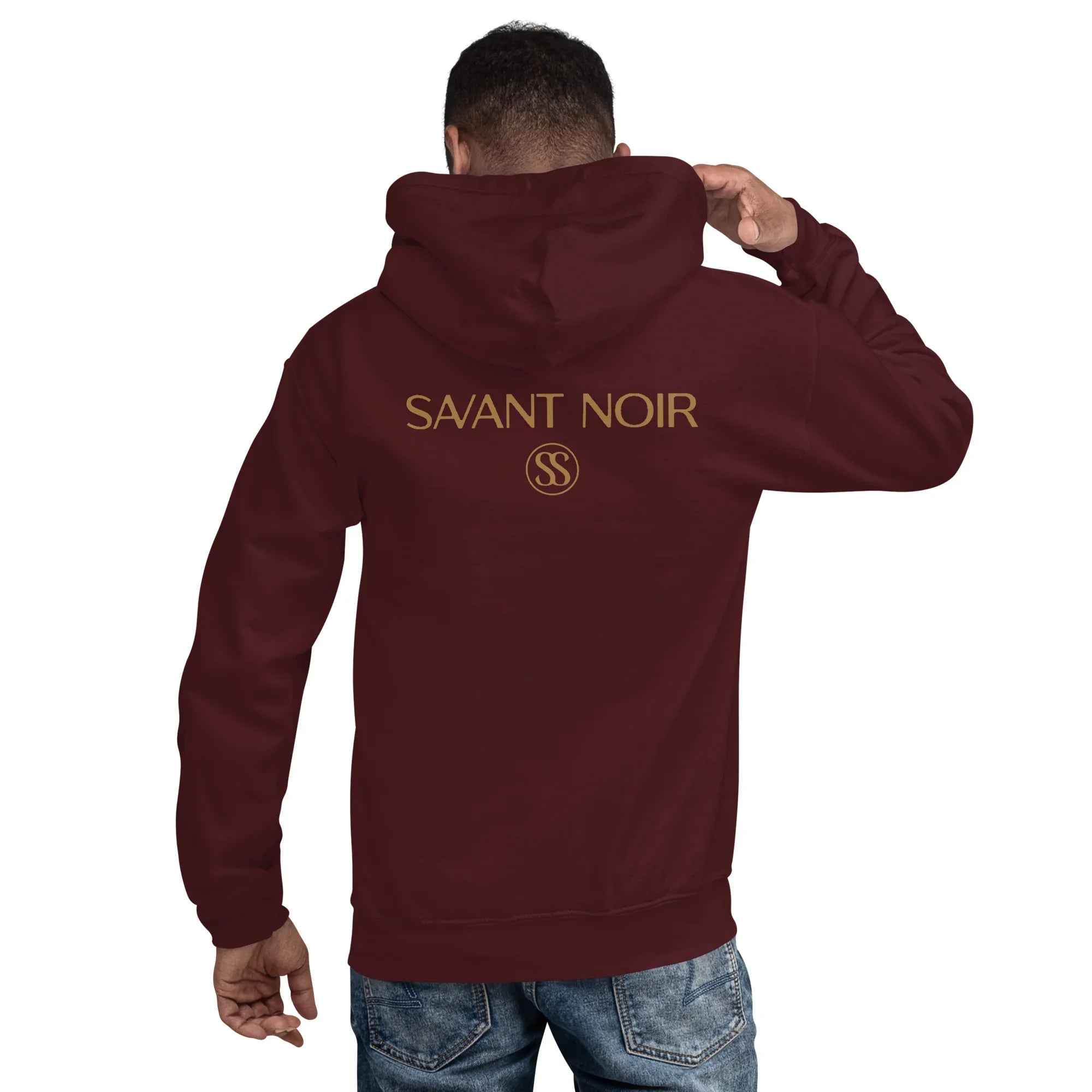 Back view of man wearing SAVANT NOIR luxury minimalist hoodie in maroon with gold logo