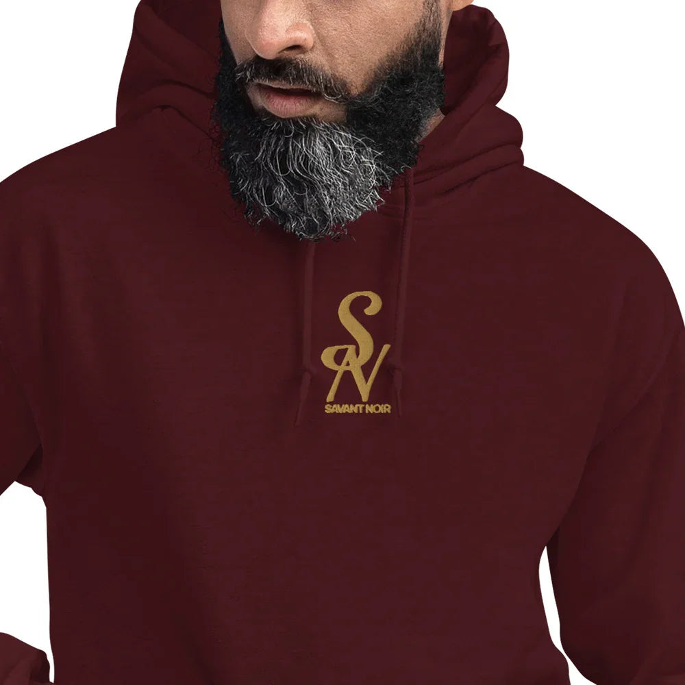 SAVANT NOIR luxury minimalist hoodie in dark red with gold logo on chest