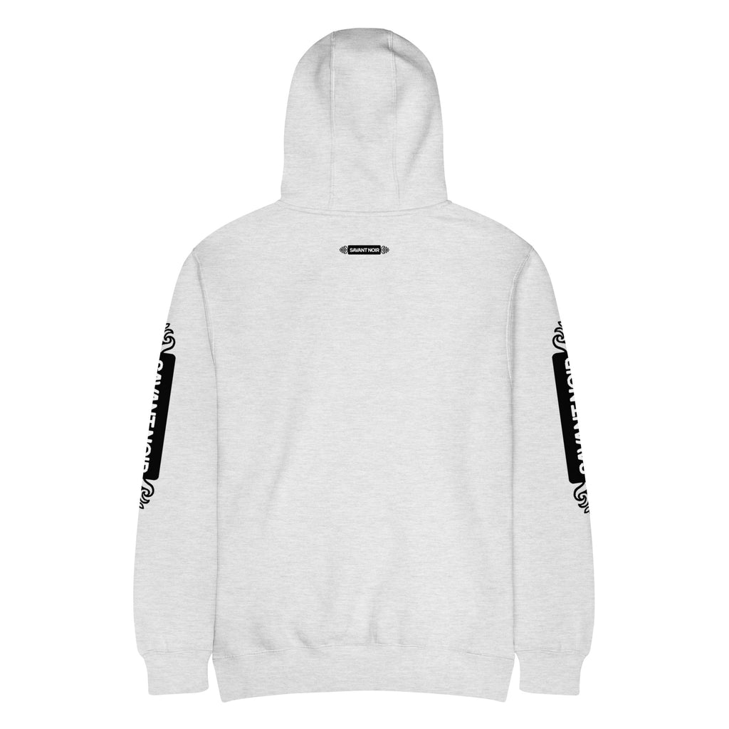 Back view of SAVANT NOIR luxury minimalist hoodie in light gray with black sleeve text design