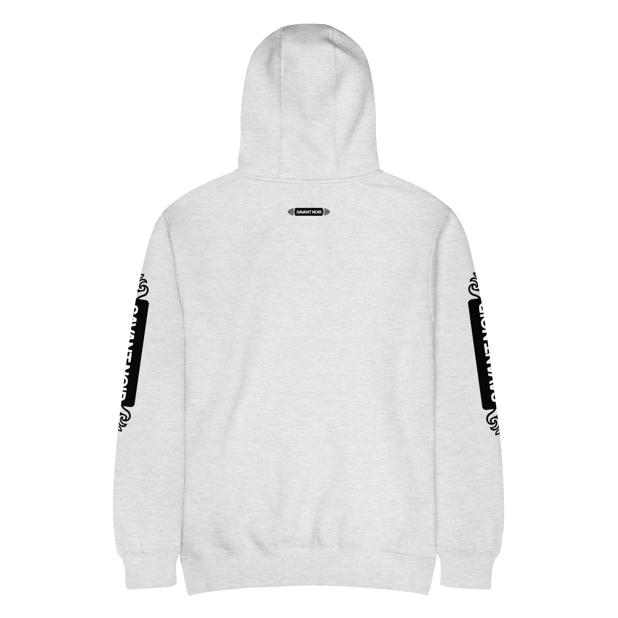 Back view of SAVANT NOIR luxury minimalist hoodie in light gray with black sleeve text design