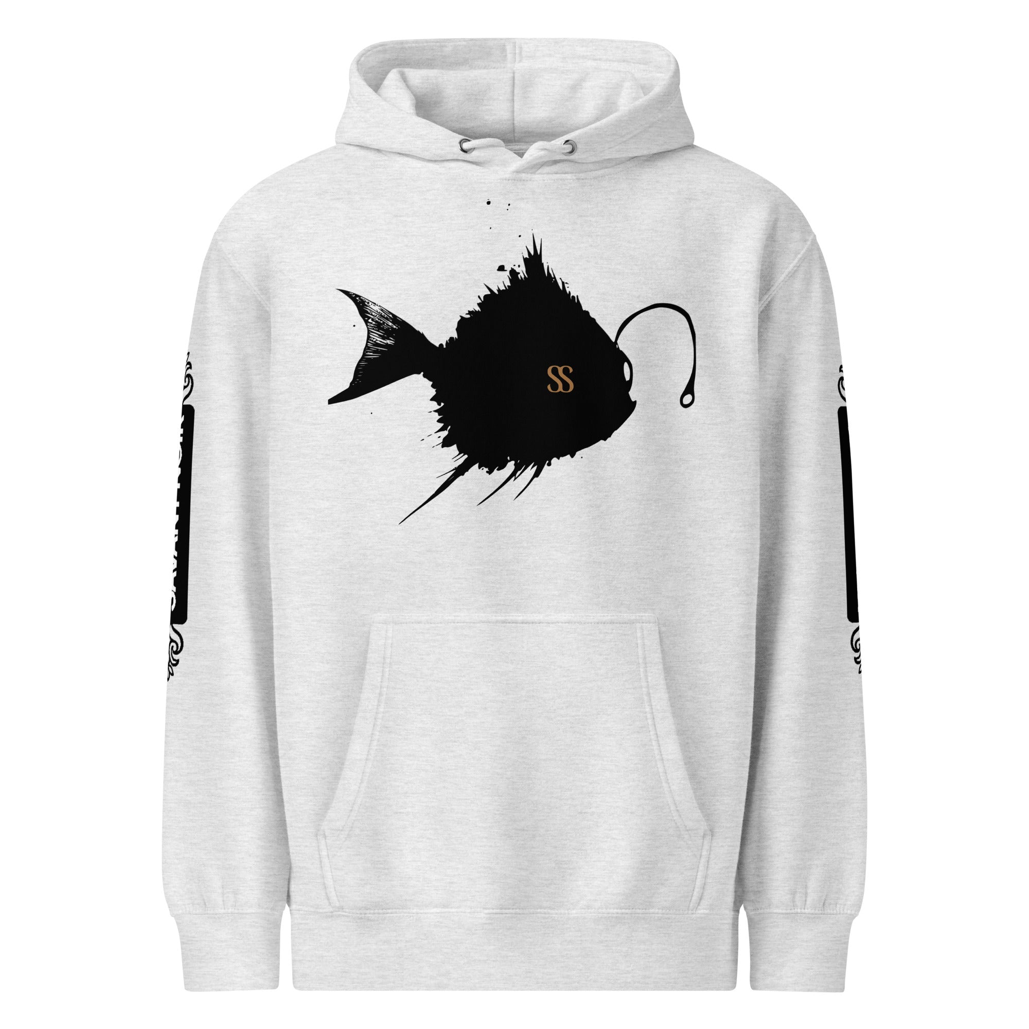 SAVANT NOIR luxury minimalist hoodie in light gray featuring black fish graphic and front pocket