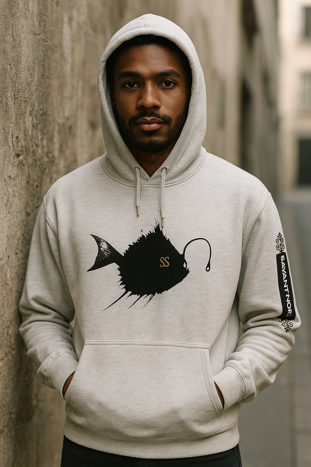 SAVANT NOIR luxury minimalist hoodie in light gray featuring black fish graphic and logo on sleeve