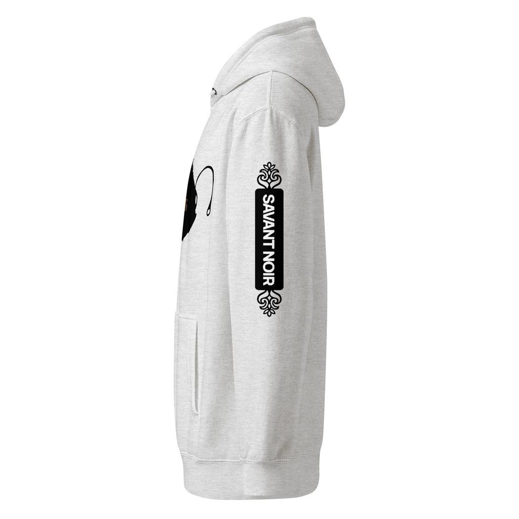 Light gray luxury minimalist hoodie by SAVANT NOIR with black logo print on sleeve and front pocket
