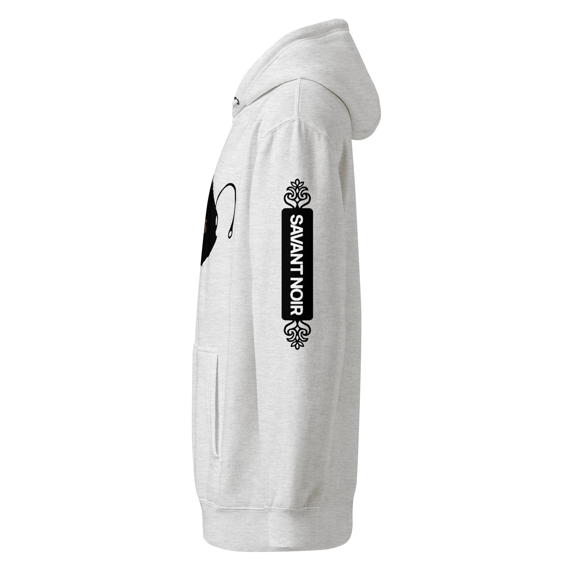 Light gray luxury minimalist hoodie by SAVANT NOIR with black logo print on sleeve and front pocket
