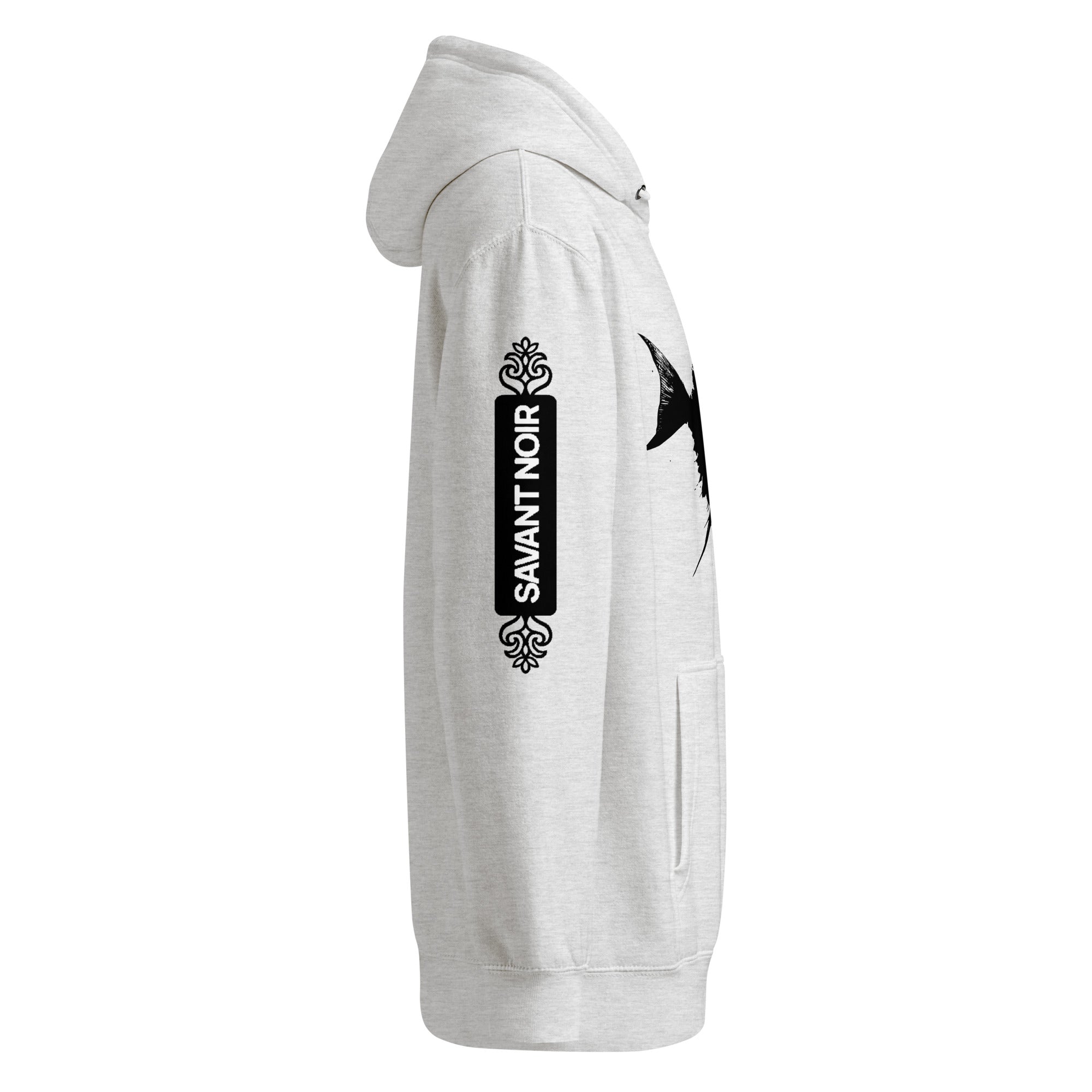 SAVANT NOIR luxury minimalist hoodie in light gray side view with black logo on sleeve and front pocket