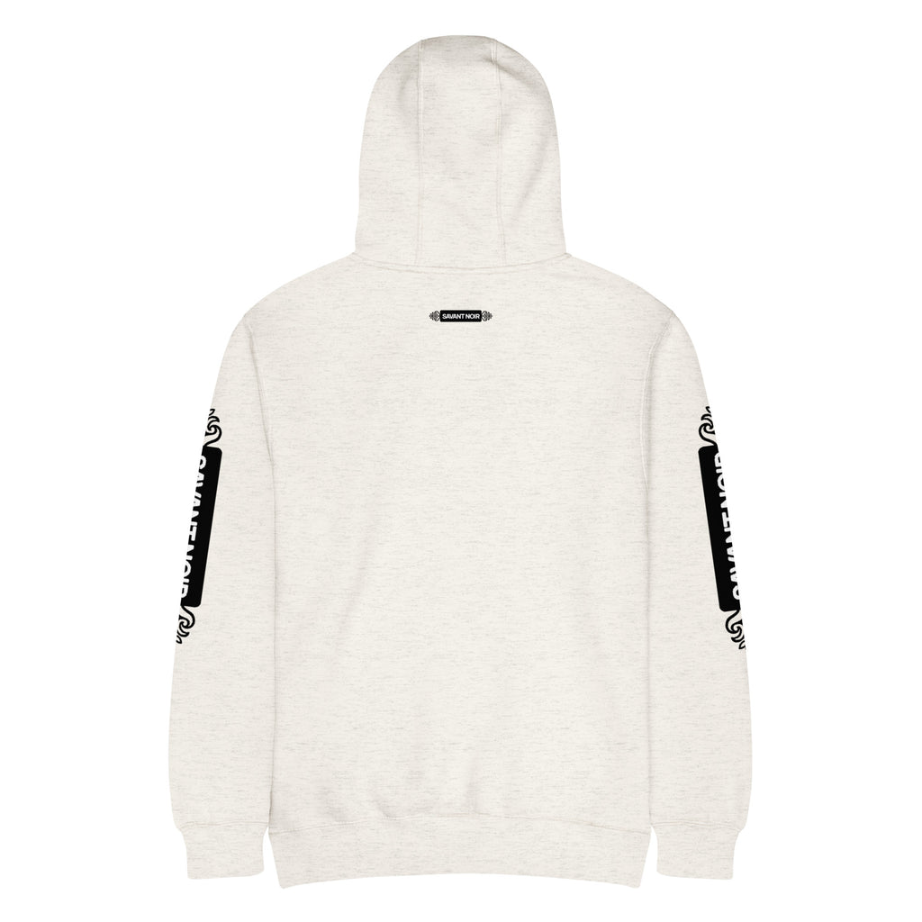 Back view of SAVANT NOIR luxury minimalist hoodie in light beige with black graphic details on sleeves
