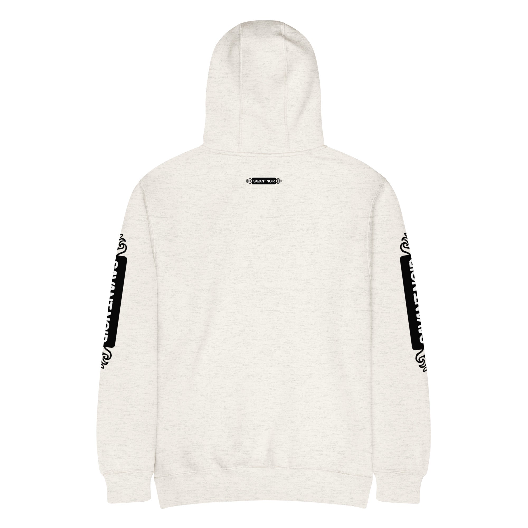 Back view of SAVANT NOIR luxury minimalist hoodie in light beige with black graphic details on sleeves