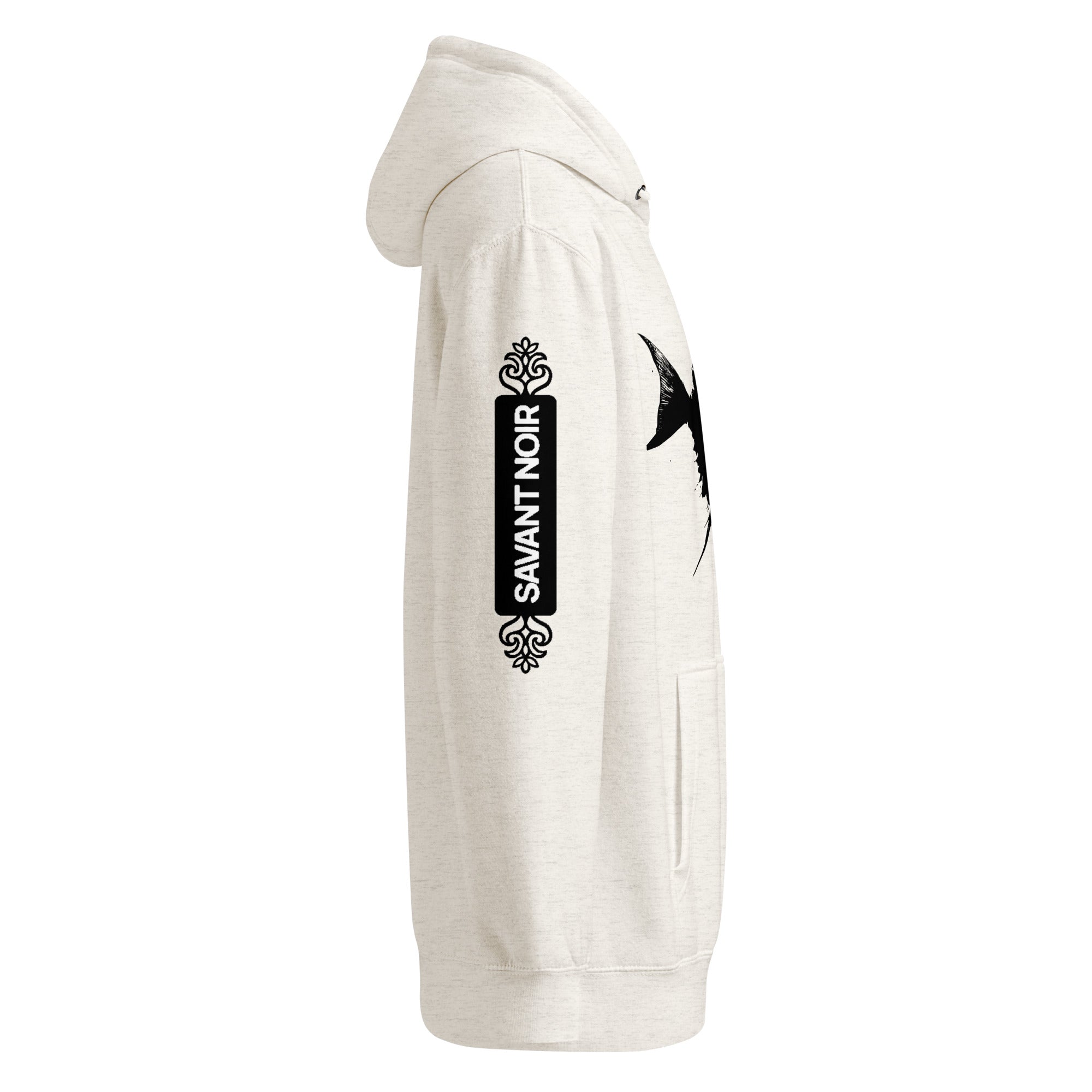 SAVANT NOIR luxury minimalist hoodie in light beige with black logo on sleeve and side pocket