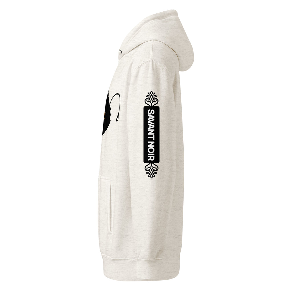 SAVANT NOIR luxury minimalist hoodie in light cream with black logo design on sleeve and hood