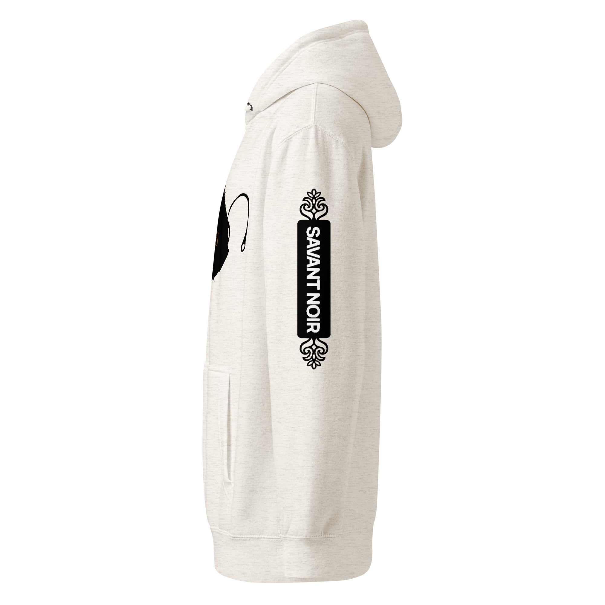 SAVANT NOIR luxury minimalist hoodie in light cream with black logo design on sleeve and hood