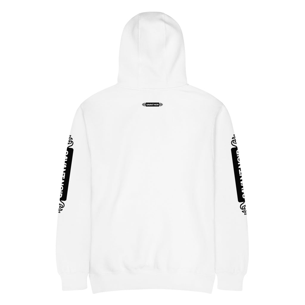 White SAVANT NOIR luxury minimalist hoodie with black logo prints on sleeves and back