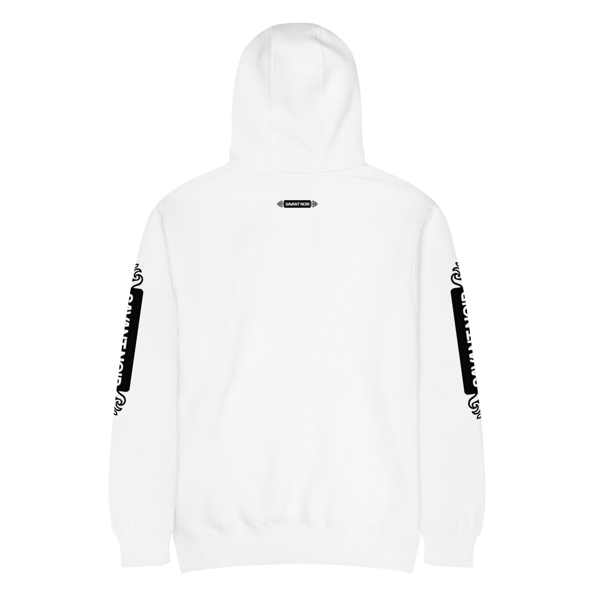 White SAVANT NOIR luxury minimalist hoodie with black logo prints on sleeves and back