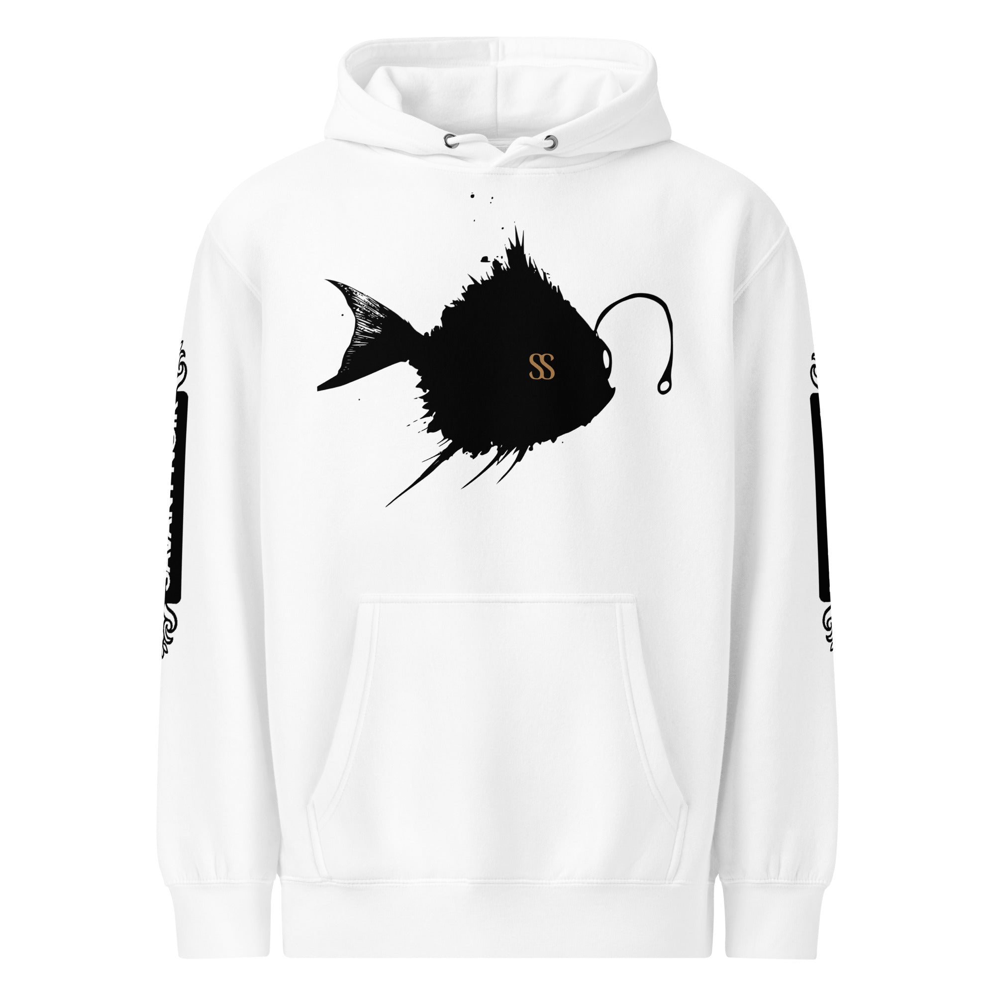 White luxury minimalist hoodie by SAVANT NOIR featuring a black angler fish graphic on front
