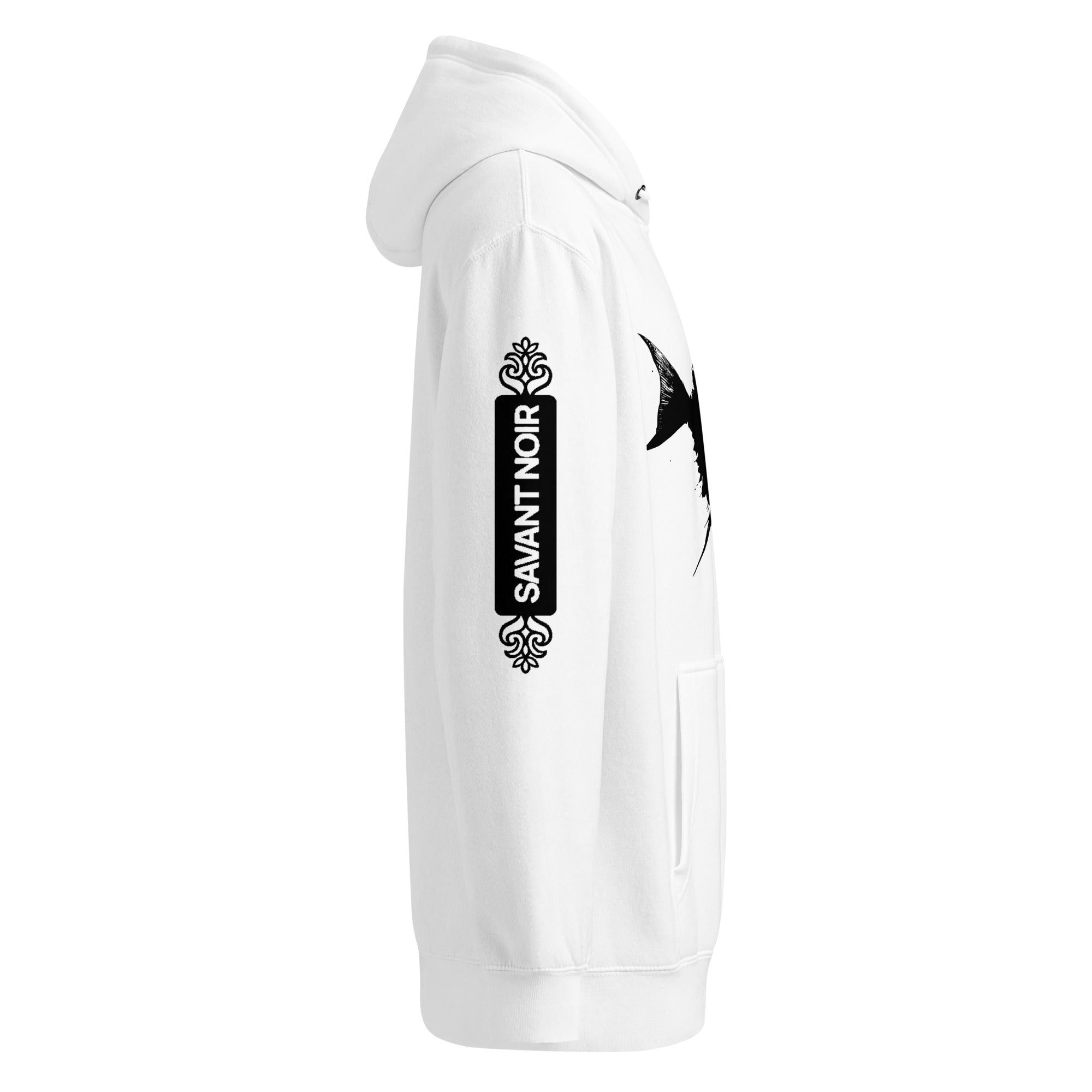 White SAVANT NOIR luxury minimalist hoodie with black logo print on sleeve and bird graphic
