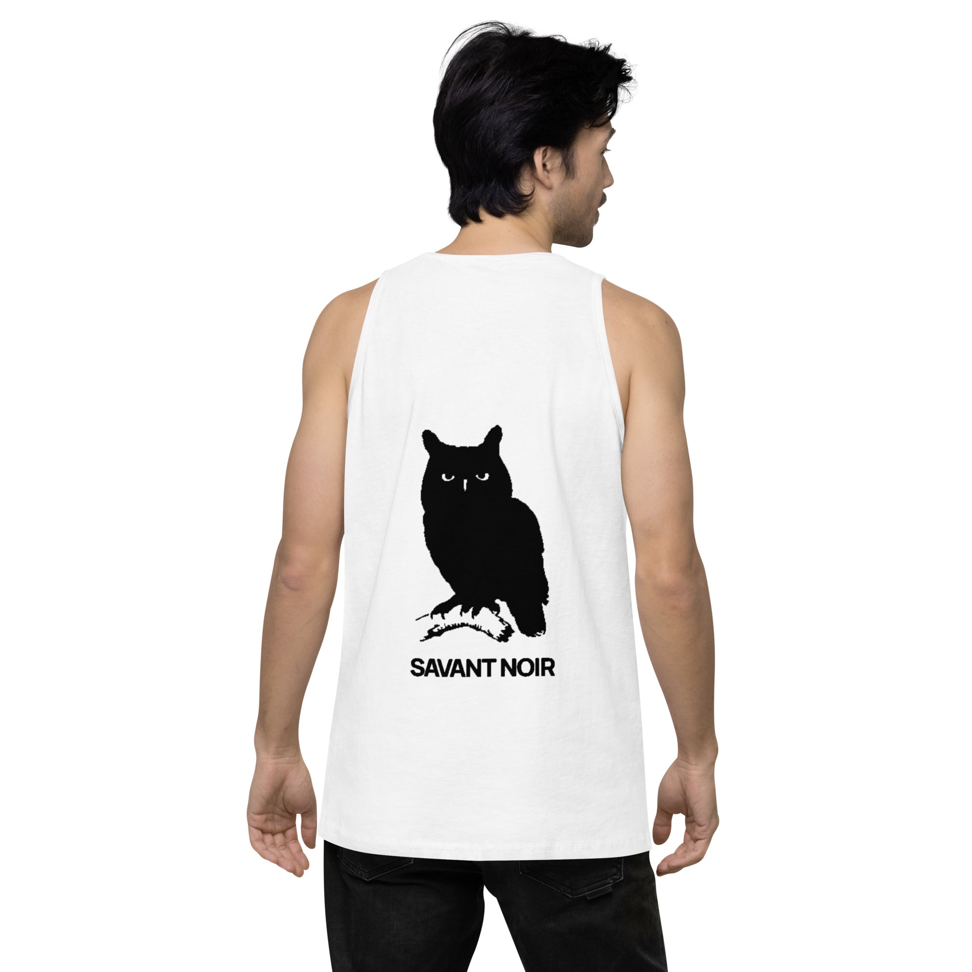 Man wearing SAVANT NOIR luxury minimalist tank top in white with black owl graphic on back
