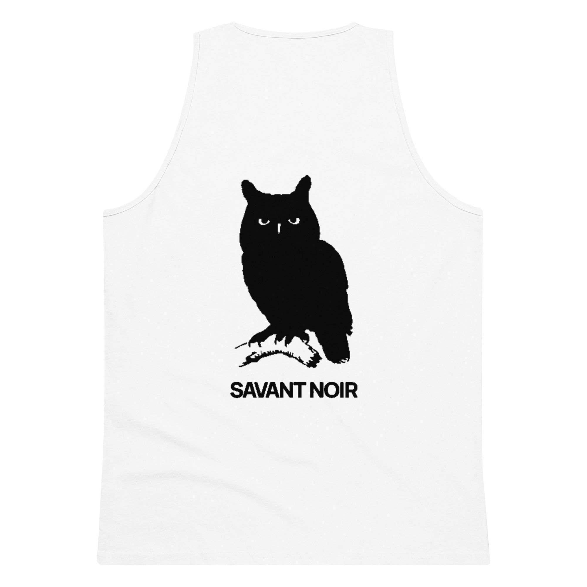 White SAVANT NOIR luxury minimalist tank top with black owl graphic on the back