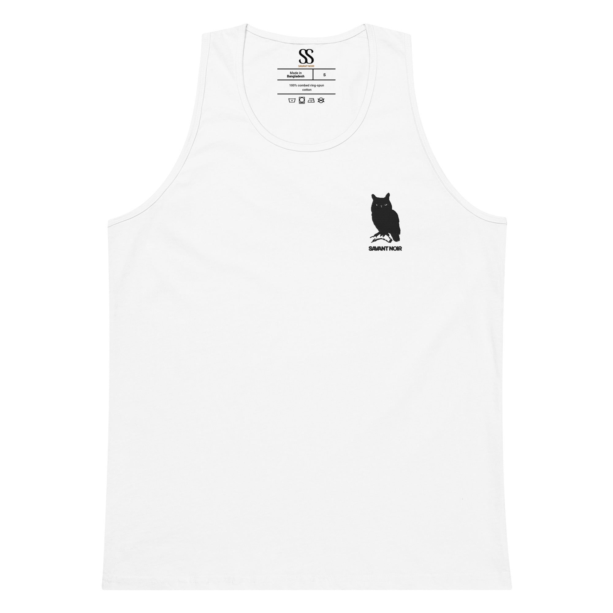 SAVANT NOIR white luxury minimalist tank top with black owl logo on chest