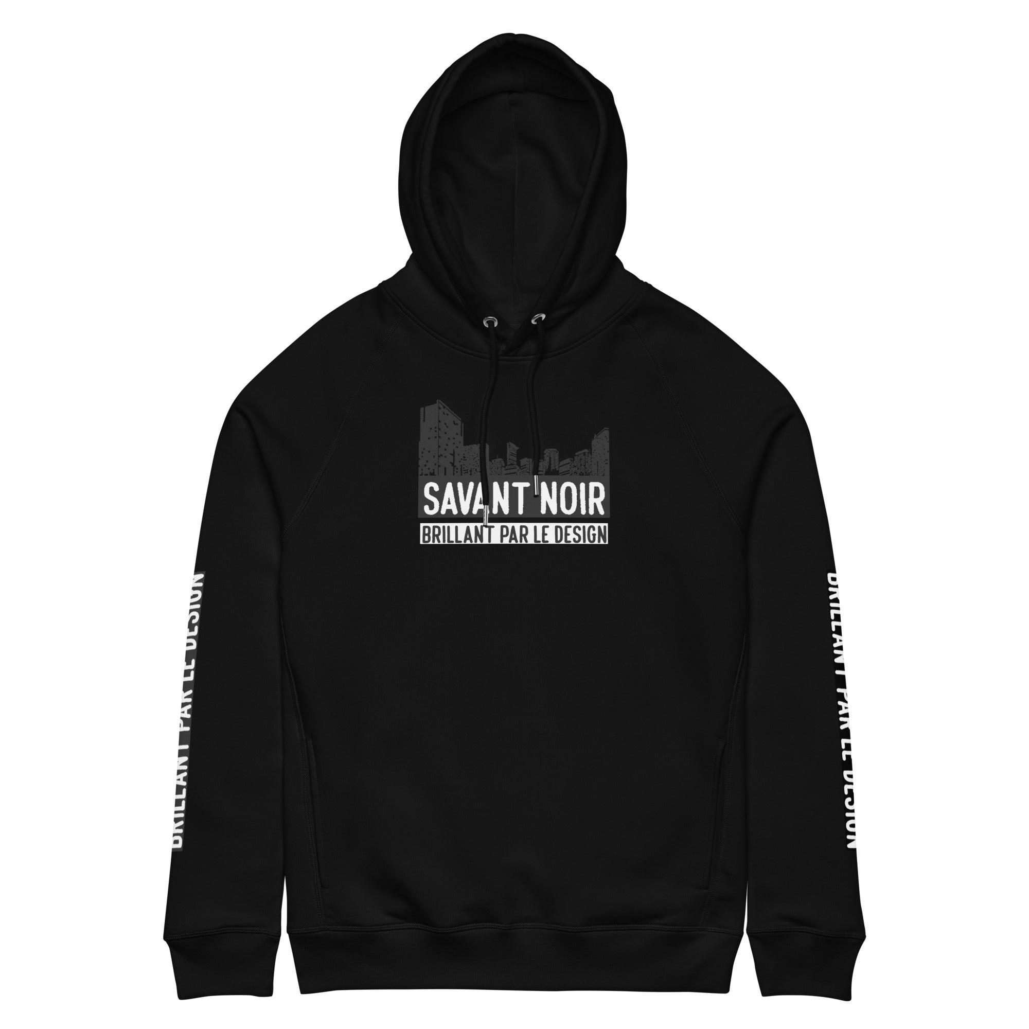 SAVANT NOIR black luxury streetwear city hoodie with graphic text and design on front and sleeves