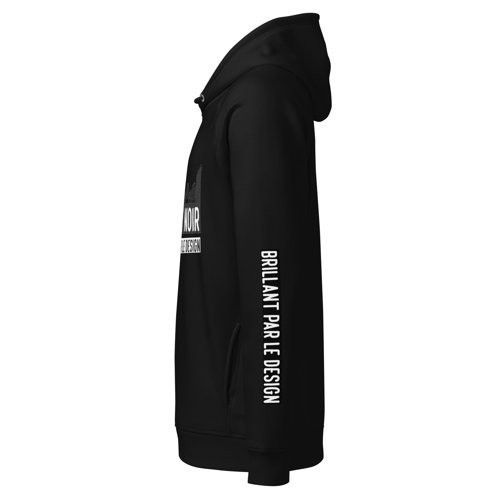 SAVANT NOIR black luxury streetwear city hoodie with side logo and sleeve text design