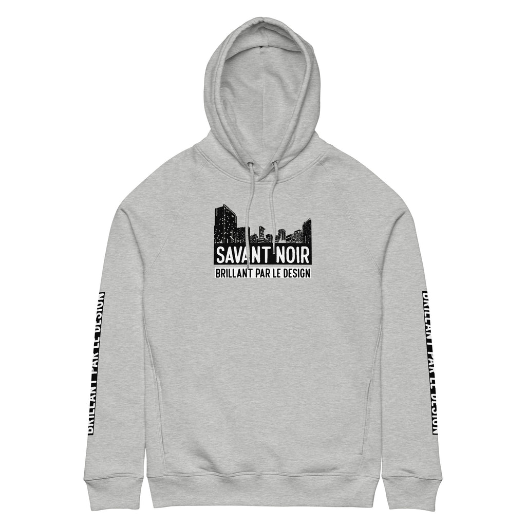 Gray SAVANT NOIR luxury streetwear city hoodie with black cityscape graphic and sleeve text