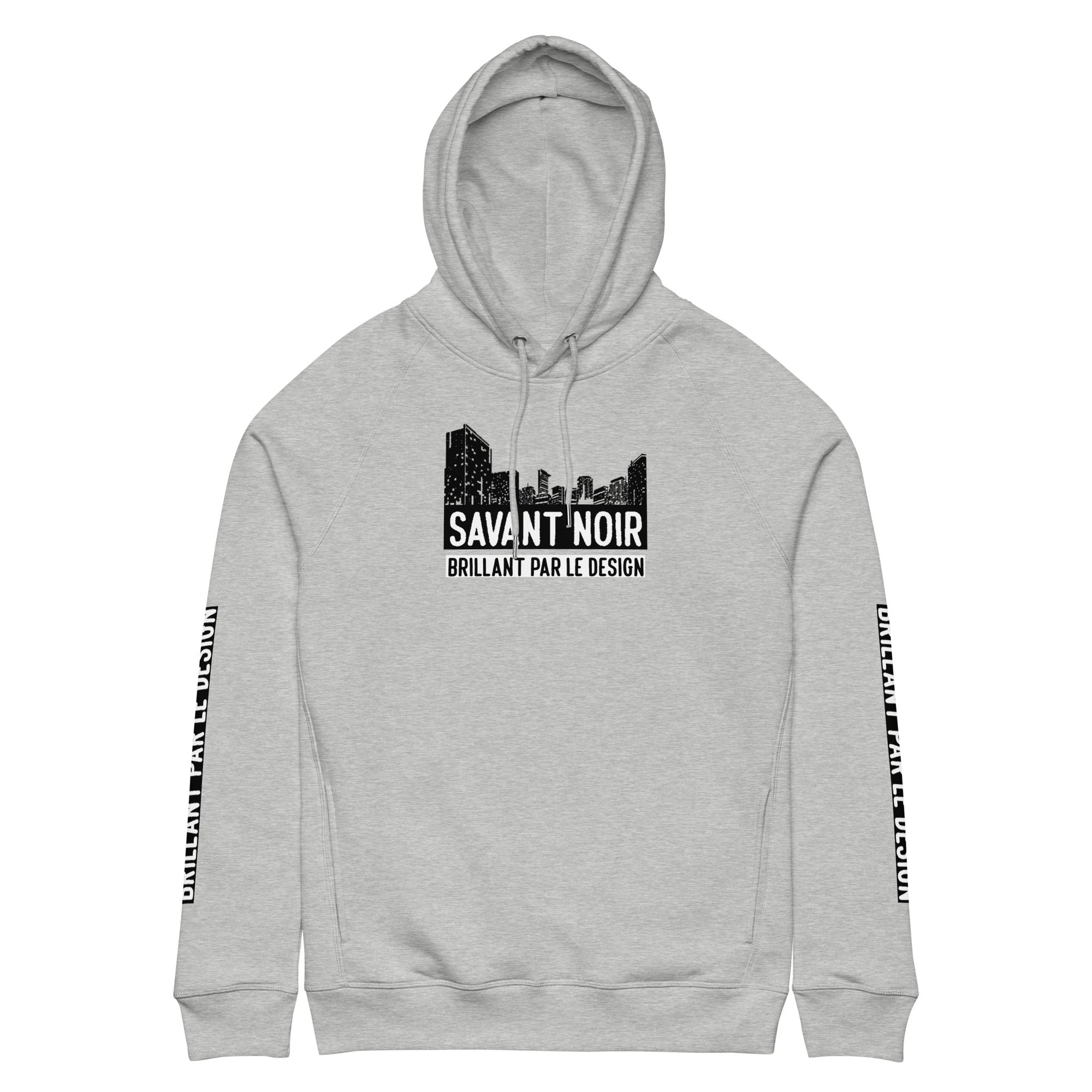 Gray SAVANT NOIR luxury streetwear city hoodie with black cityscape graphic and sleeve text