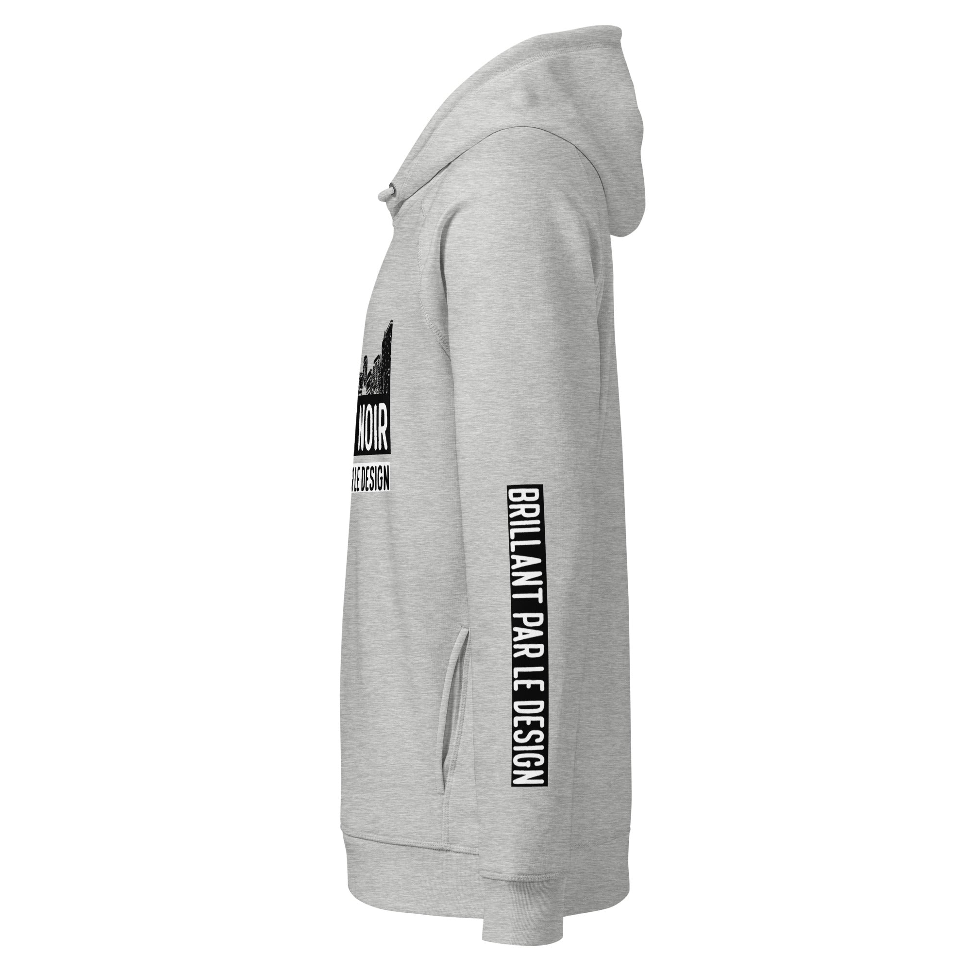 SAVANT NOIR gray luxury streetwear city hoodie with hood and black text on sleeve and chest