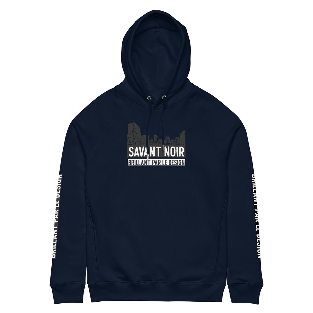 SAVANT NOIR navy luxury streetwear city hoodie with graphic logo and text on sleeves