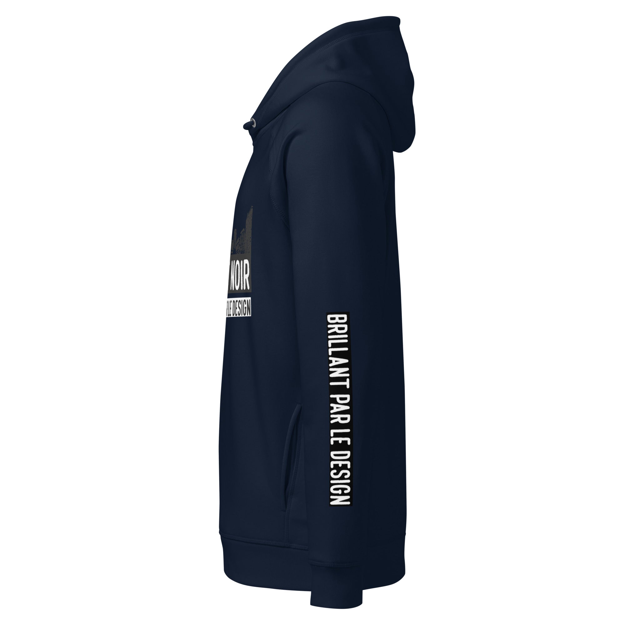 SAVANT NOIR navy blue luxury streetwear city hoodie with hood and sleeve text design