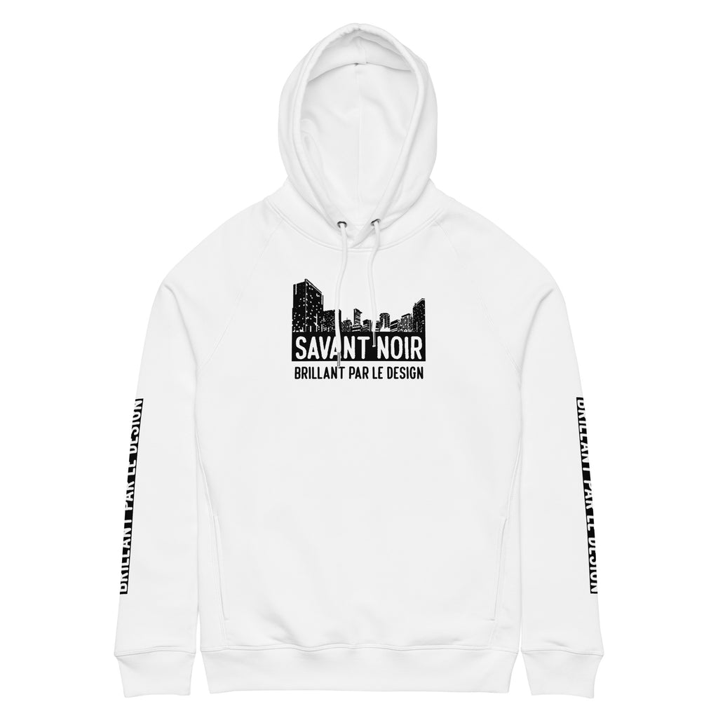 White SAVANT NOIR luxury streetwear city hoodie with black city skyline graphic and sleeve text