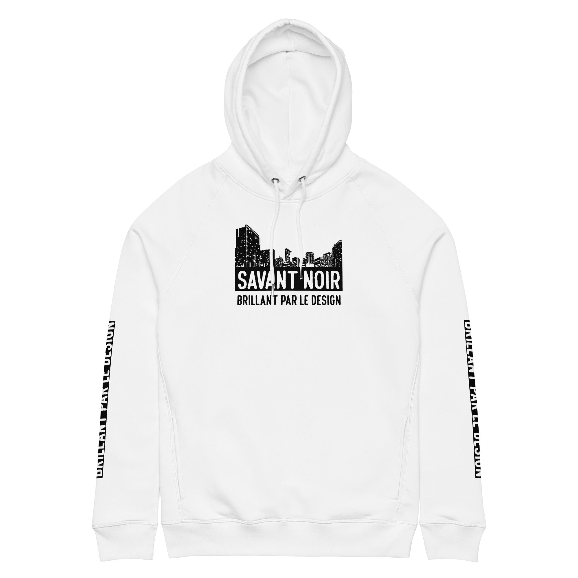 White SAVANT NOIR luxury streetwear city hoodie with black city skyline graphic and sleeve text
