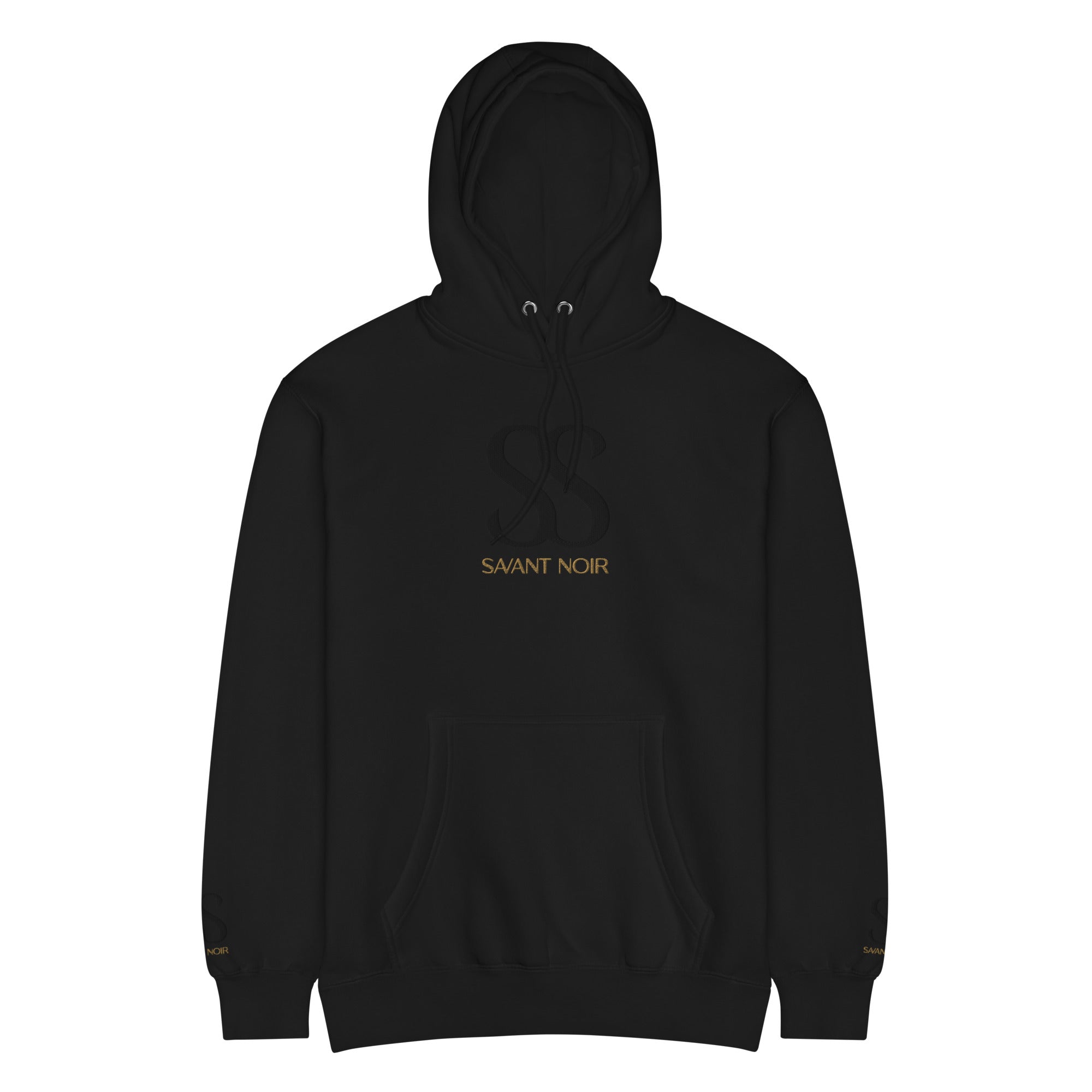 SAVANT NOIR black luxury streetwear hoodie with front pocket and subtle logo embroidery
