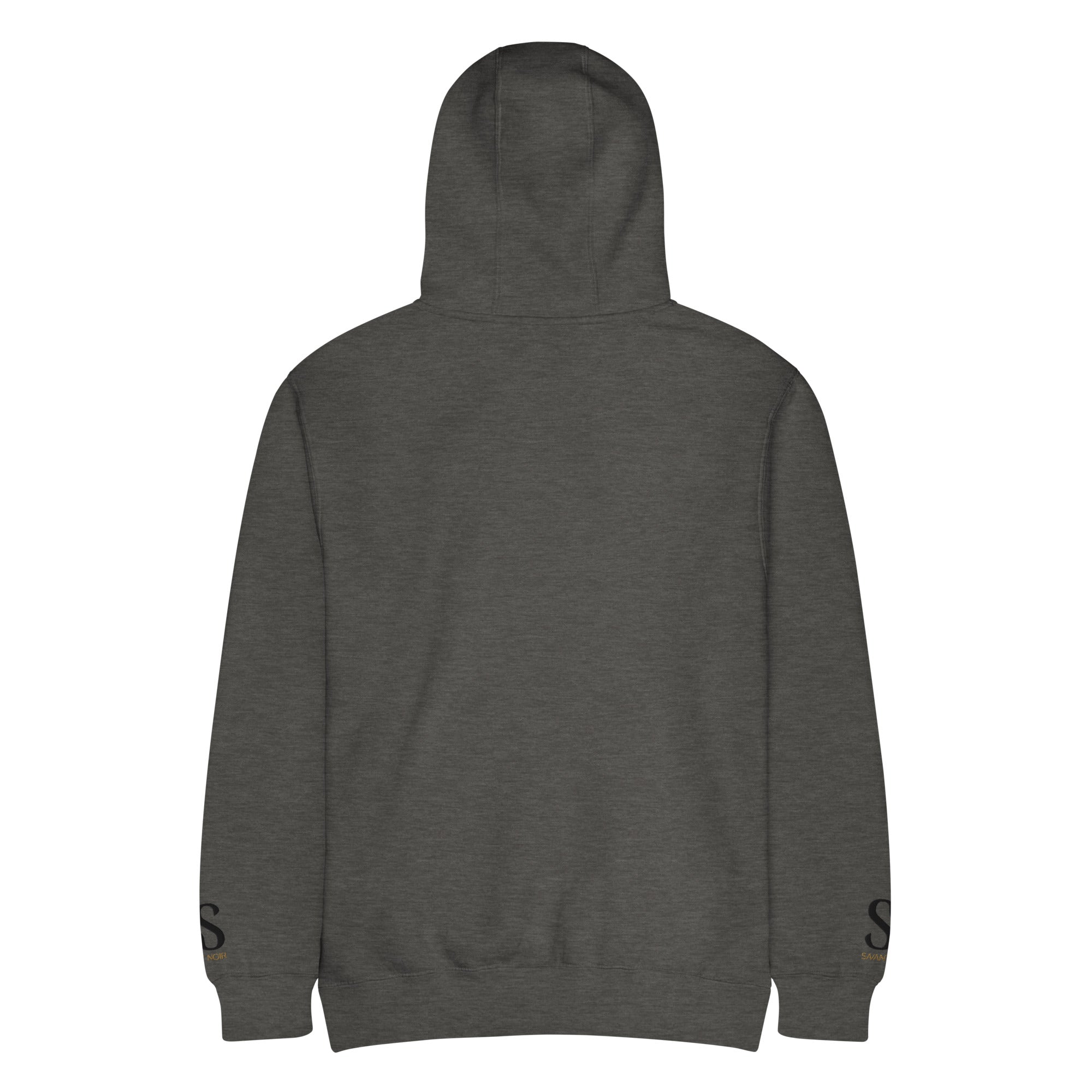 Back view of SAVANT NOIR gray luxury streetwear hoodie with hood and cuffed sleeves