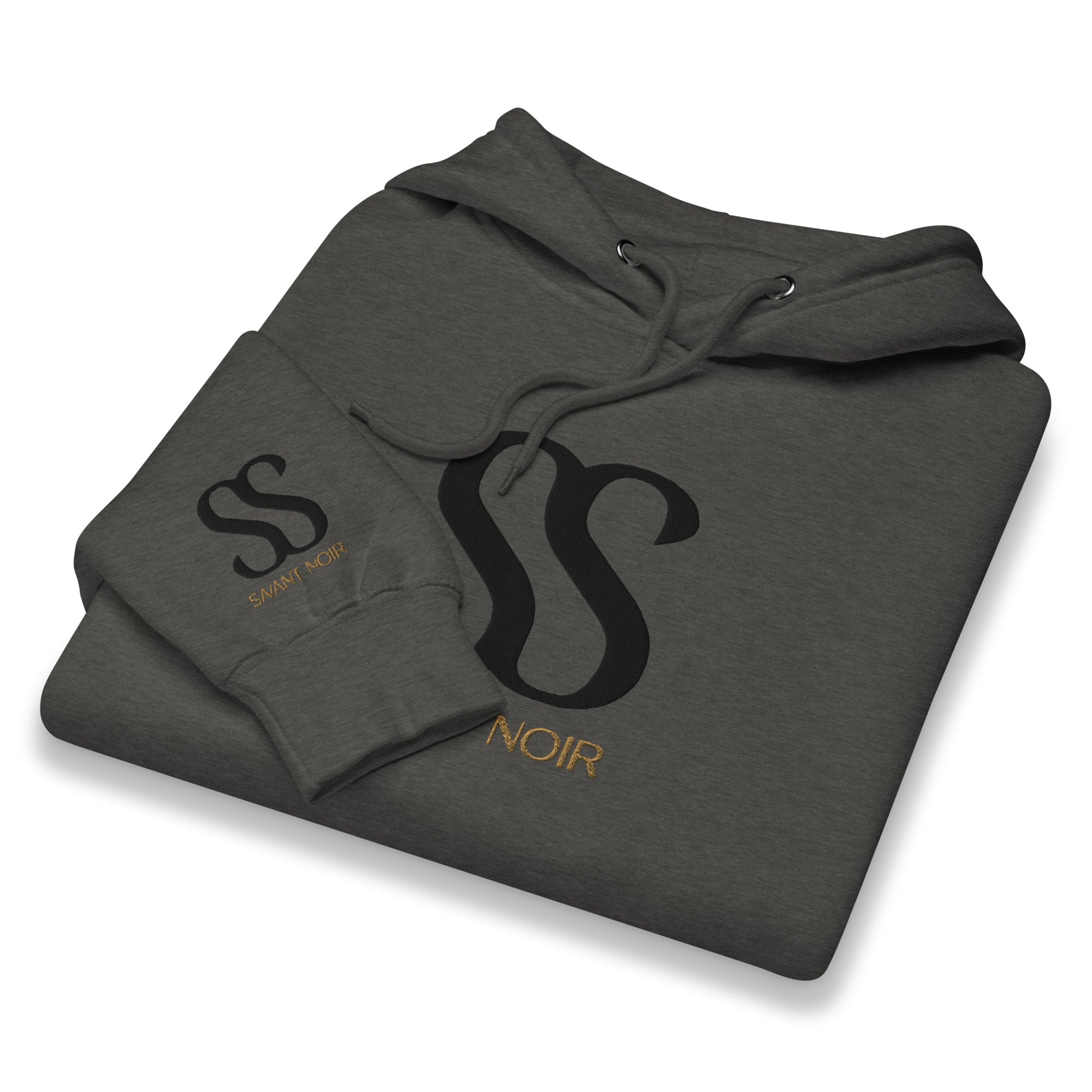 Folded gray luxury streetwear hoodie by SAVANT NOIR with black and gold logo print on front and sleeve