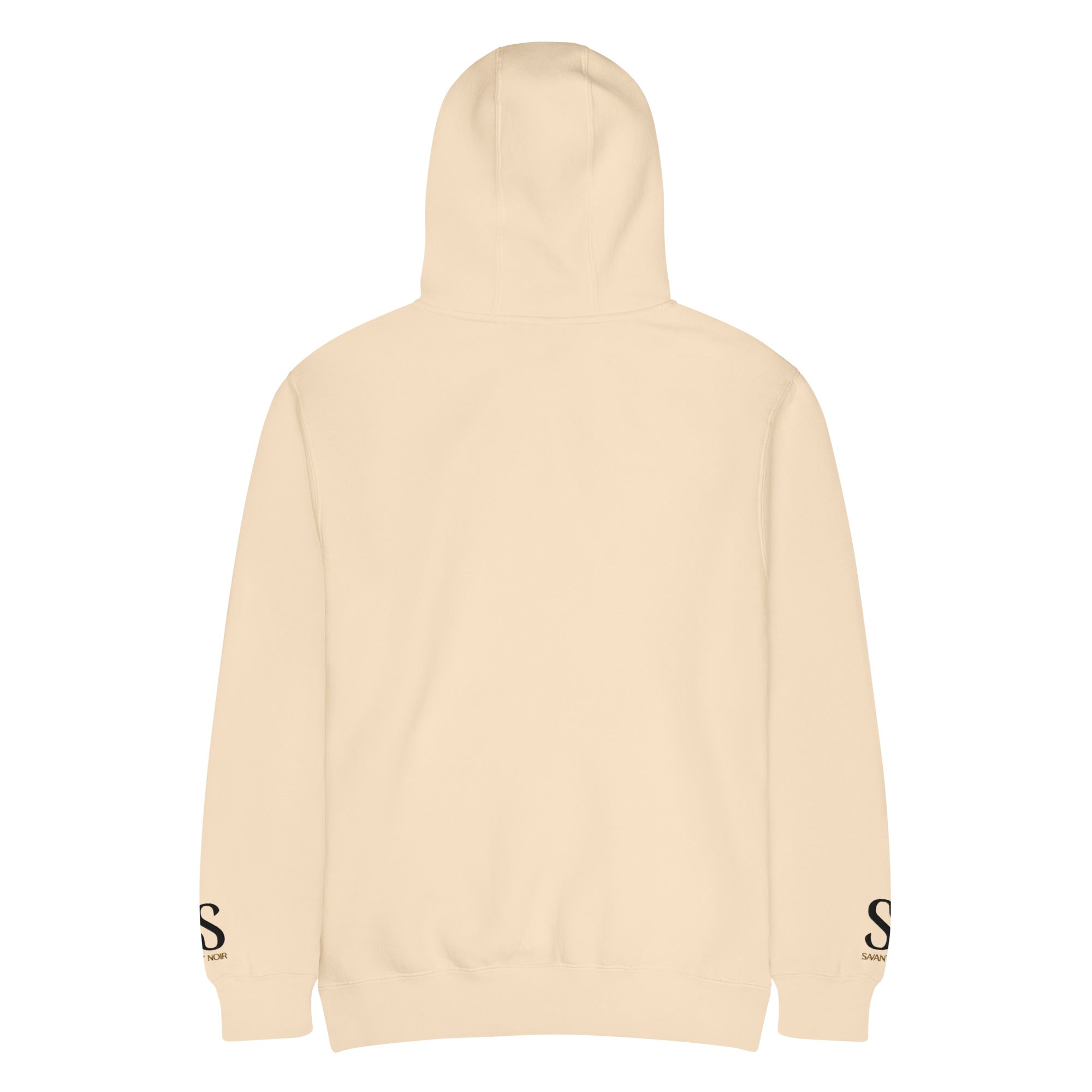 SAVANT NOIR beige luxury streetwear hoodie shown from the back with logo on cuffs
