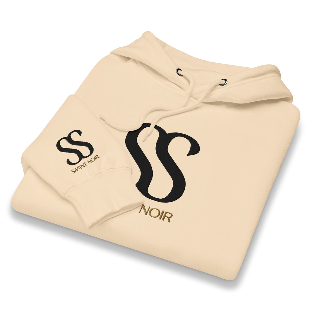 Beige SAVANT NOIR luxury streetwear hoodie with black logo print and adjustable drawstring hood