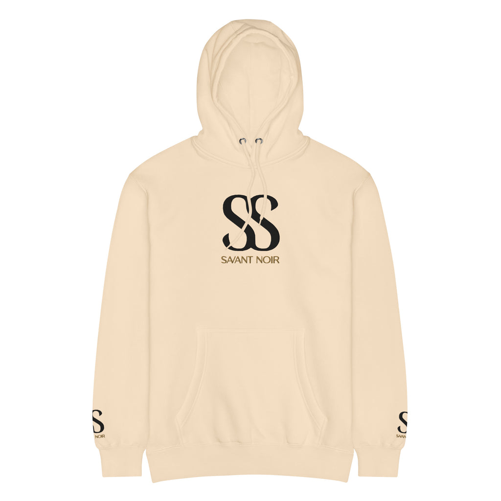 SAVANT NOIR beige luxury streetwear hoodie with black SS logo and front pocket