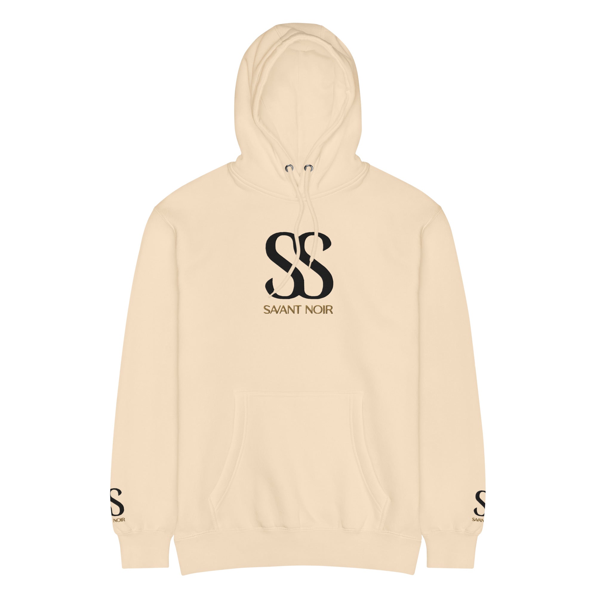 SAVANT NOIR beige luxury streetwear hoodie with black SS logo and front pocket