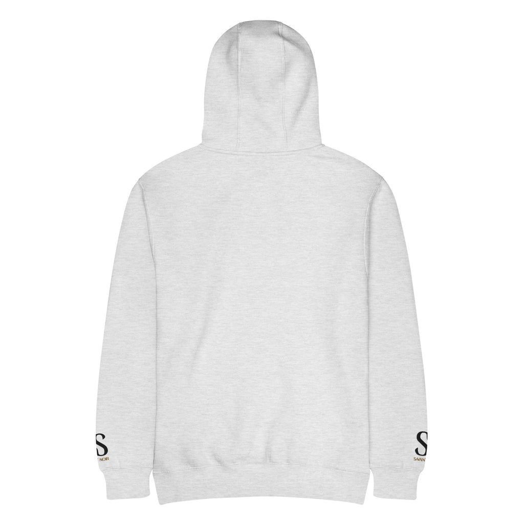 Back view of SAVANT NOIR luxury streetwear hoodie in light gray with logo details on sleeves