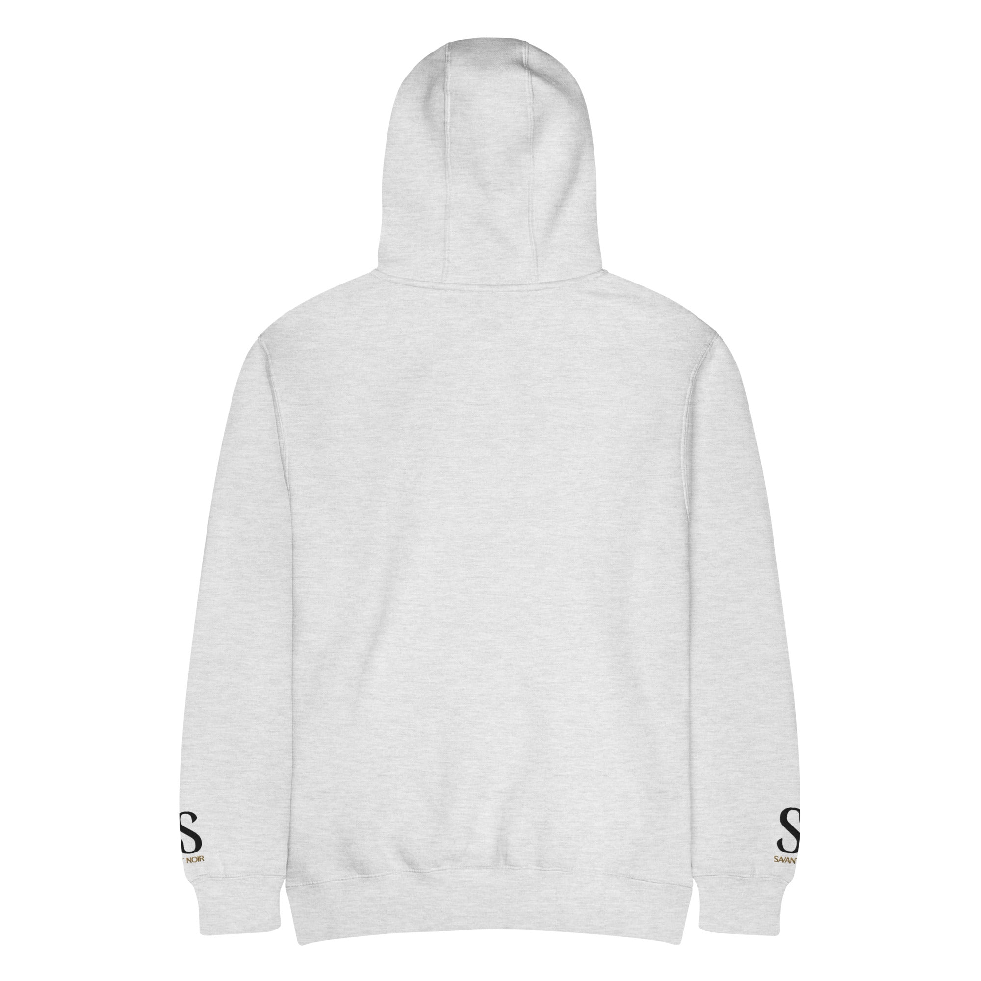 Back view of SAVANT NOIR luxury streetwear hoodie in light gray with logo details on sleeves