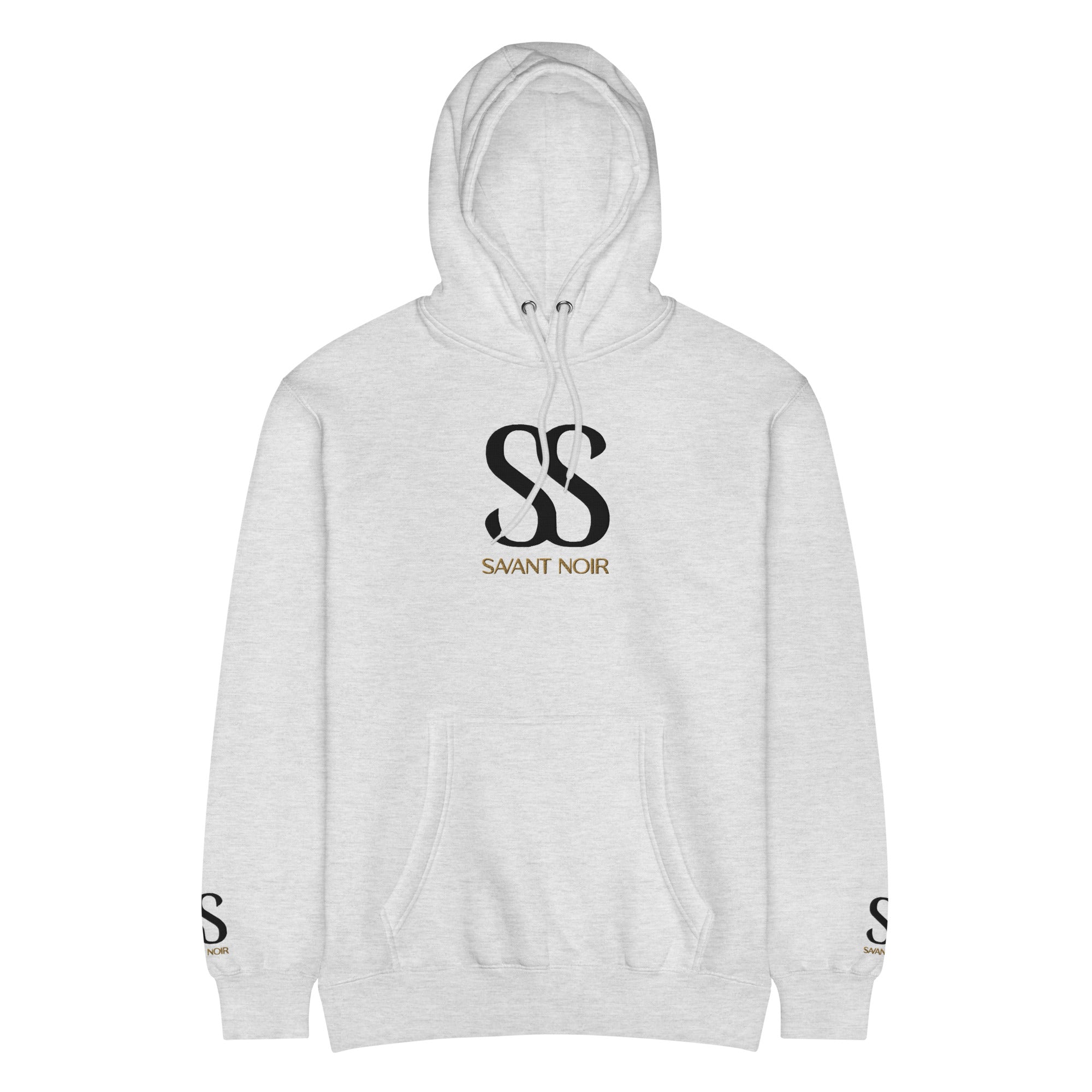 SAVANT NOIR luxury streetwear hoodie in light gray with black SS logo and front pocket
