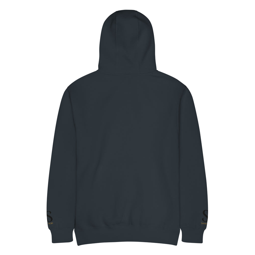 SAVANT NOIR black luxury streetwear hoodie shown from the back with minimal design and cuff details
