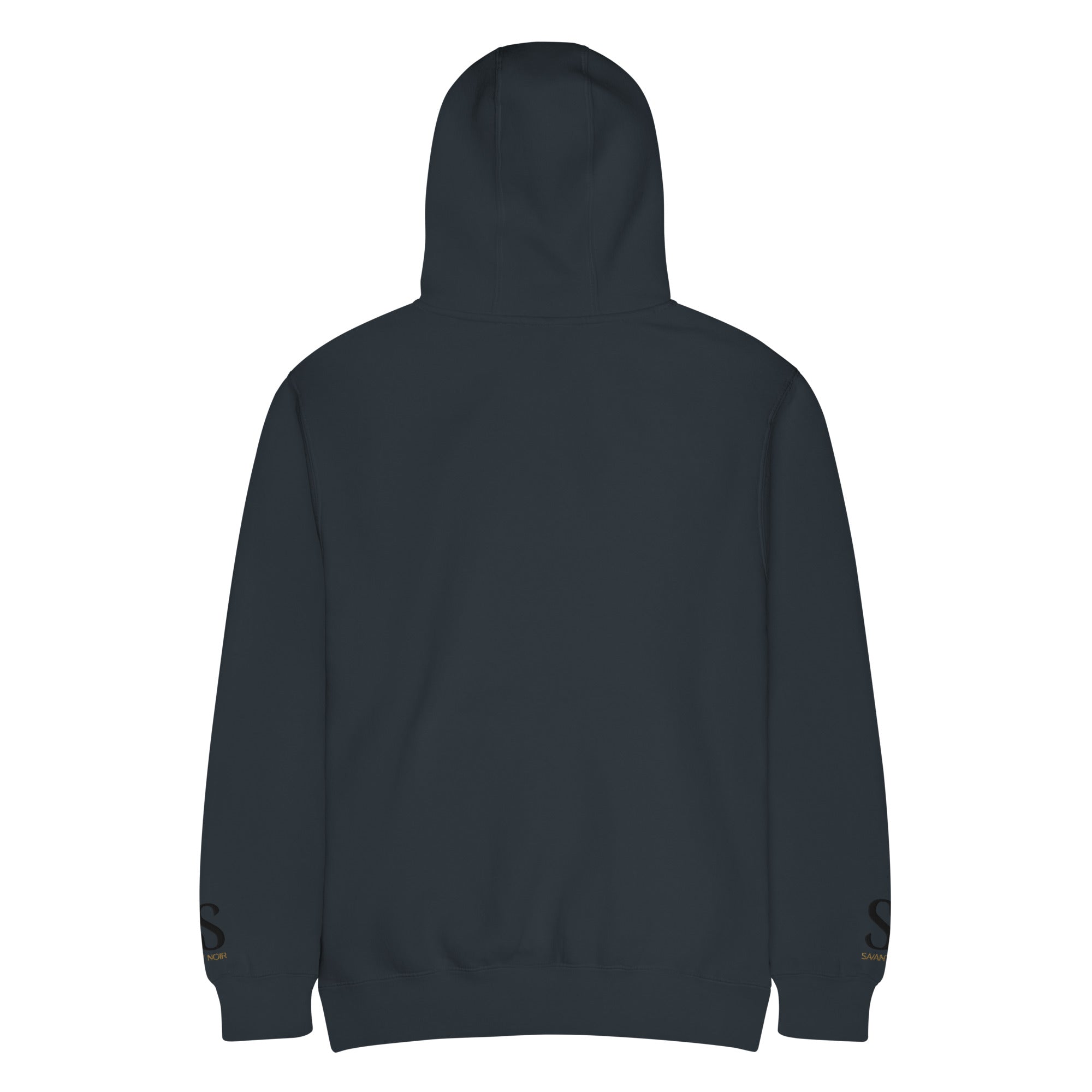 SAVANT NOIR black luxury streetwear hoodie shown from the back with minimal design and cuff details