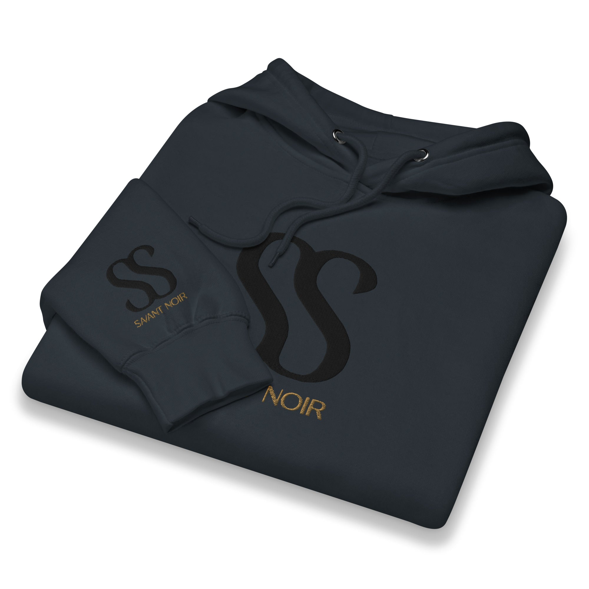 SAVANT NOIR black luxury streetwear hoodie folded with logo printed on front and sleeve