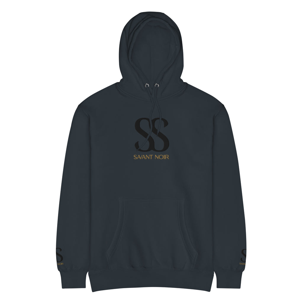 Black luxury streetwear hoodie from SAVANT NOIR with SS logo and front pocket