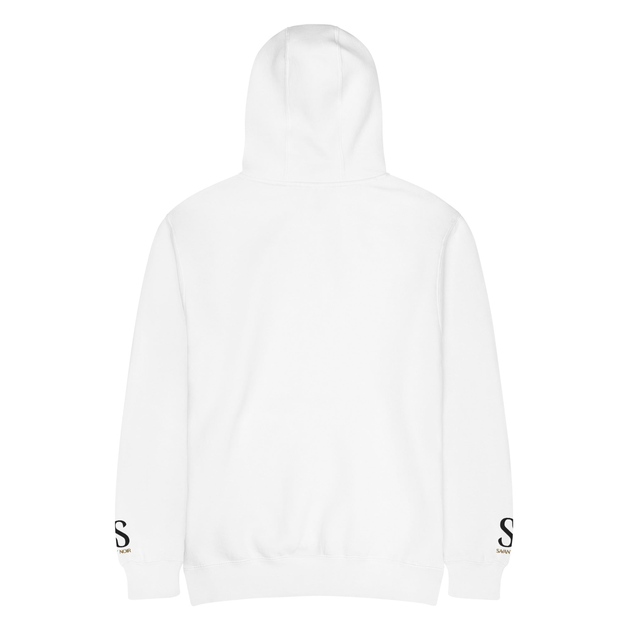 White SAVANT NOIR luxury streetwear hoodie with branded sleeve logos, displayed from the back