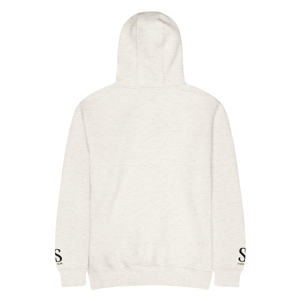 Back view of SAVANT NOIR luxury streetwear hoodie in light gray with logo details on sleeves 