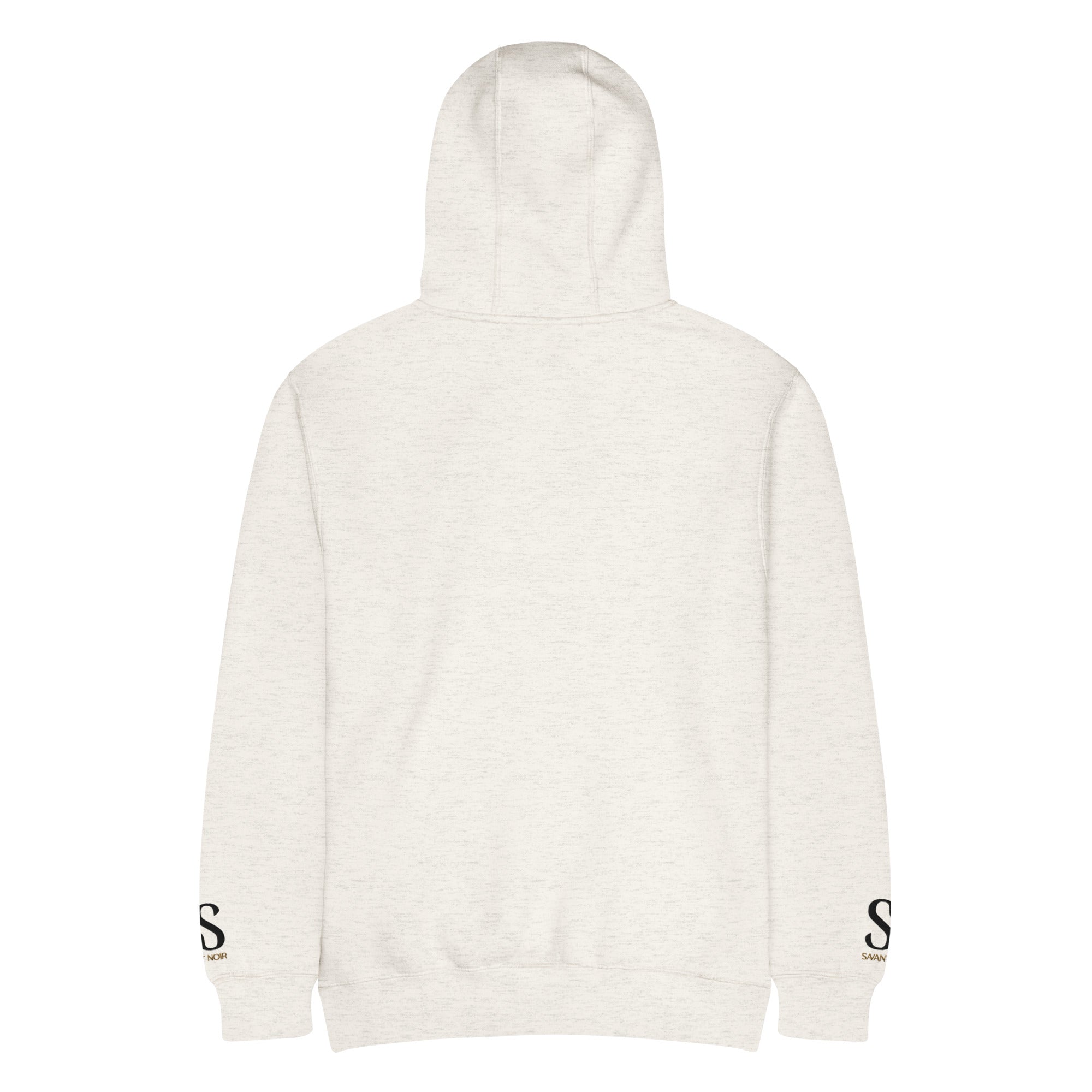 Back view of SAVANT NOIR luxury streetwear hoodie in light gray with logo details on sleeves 