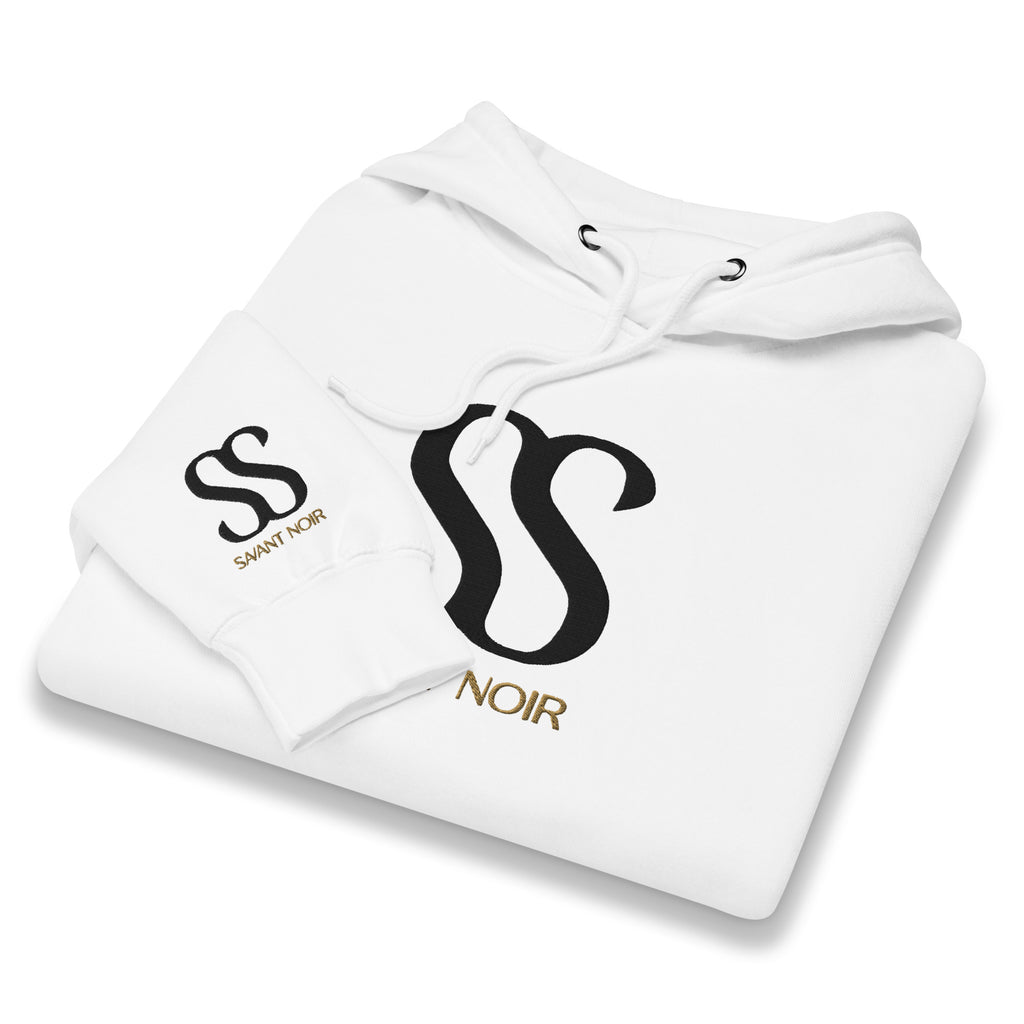 White SAVANT NOIR luxury streetwear hoodie with black and gold logo and adjustable drawstring hood