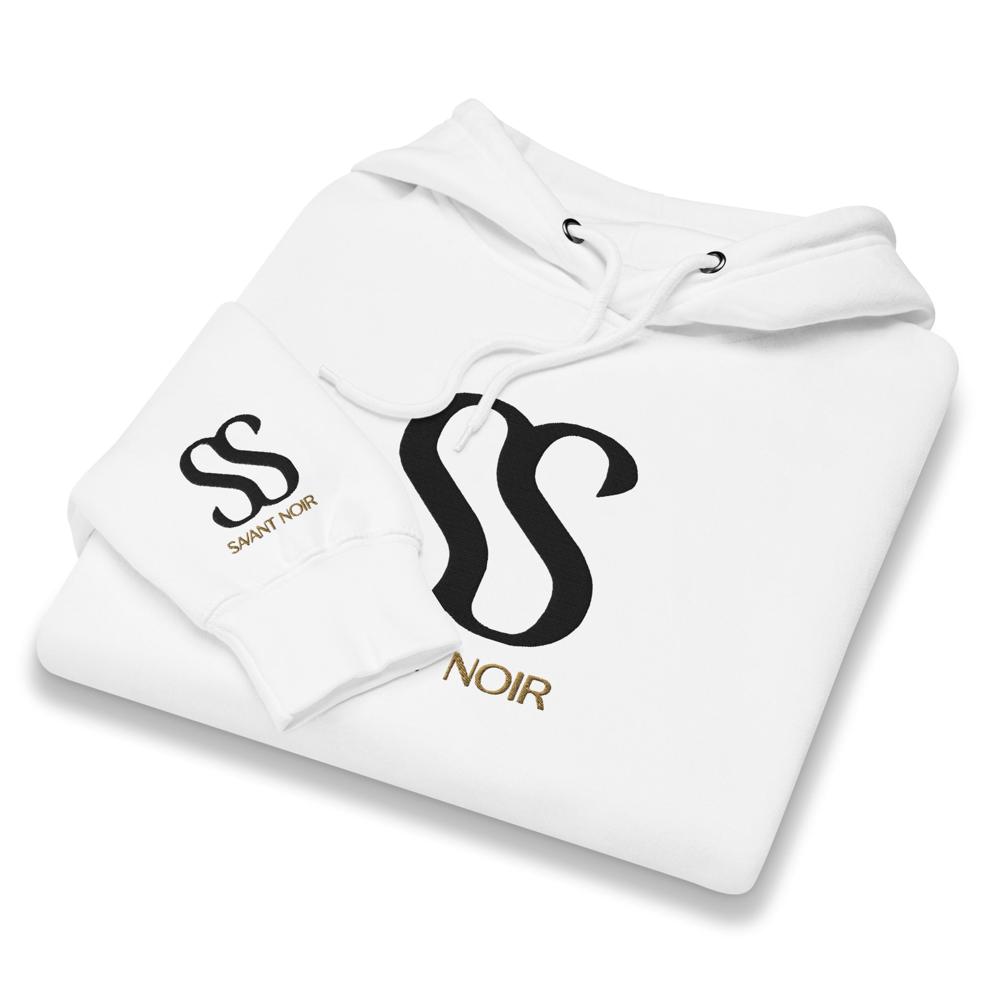 White SAVANT NOIR luxury streetwear hoodie with black and gold logo and adjustable drawstring hood